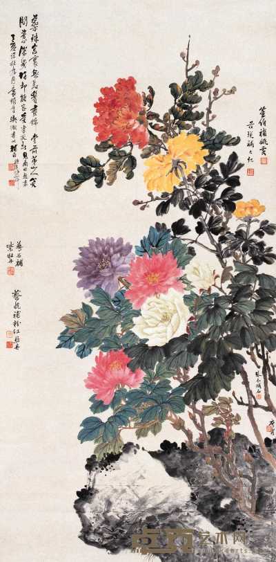 吴徵 吴琴木 金梦石等 1947年作 牡丹图 立轴 137×67cm